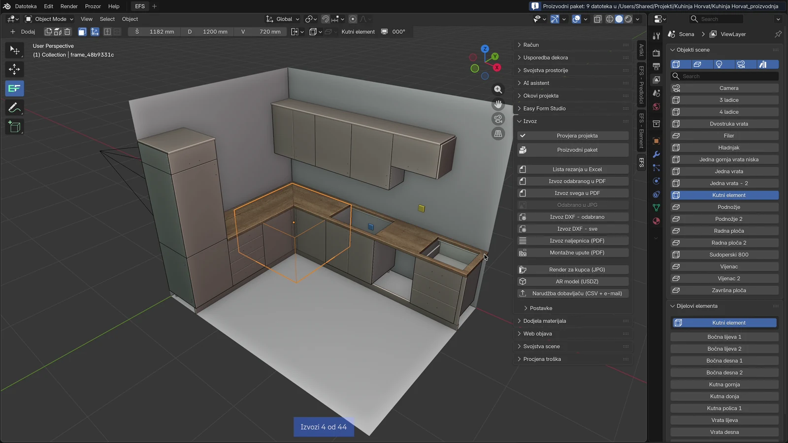 Crteži se renderiraju u pozadini: dolje u 3D pogledu Izvozi 4 od 44, gore desno poruka Proizvodni paket: 9 datoteka u /Users/Shared/Projekti/Kuhinja Horvat/Kuhinja Horvat_proizvodnja