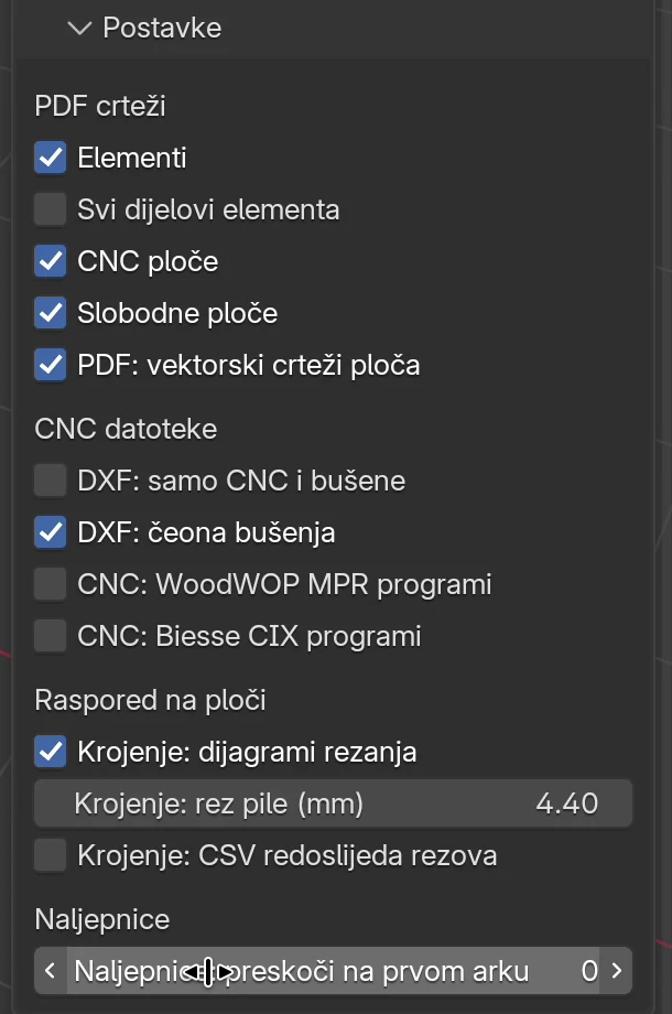 Okvir Postavke s grupama PDF crteži, CNC datoteke, Raspored na ploči i Naljepnice