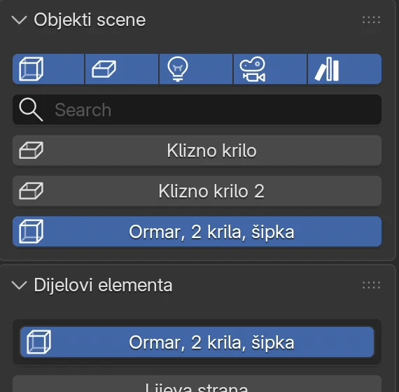 Popis Objekti scene s Klizno krilo, Klizno krilo 2 i odabranim ormarom Ormar, 2 krila, šipka; ispod popis Dijelovi elementa