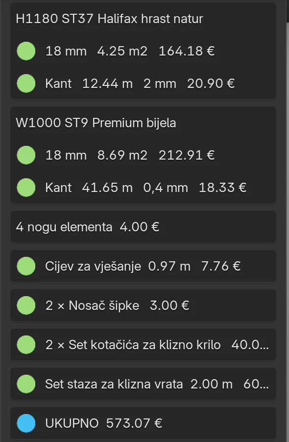 Panel Procjena troška: hrastov dekor 4,25 m² i kant 12,44 m, bijeli korpus, nogice, cijev i nosači šipke, 2 × Set kotačića za klizno krilo i Set staza za klizna vrata 2,00 m, ukupno 573,07 €
