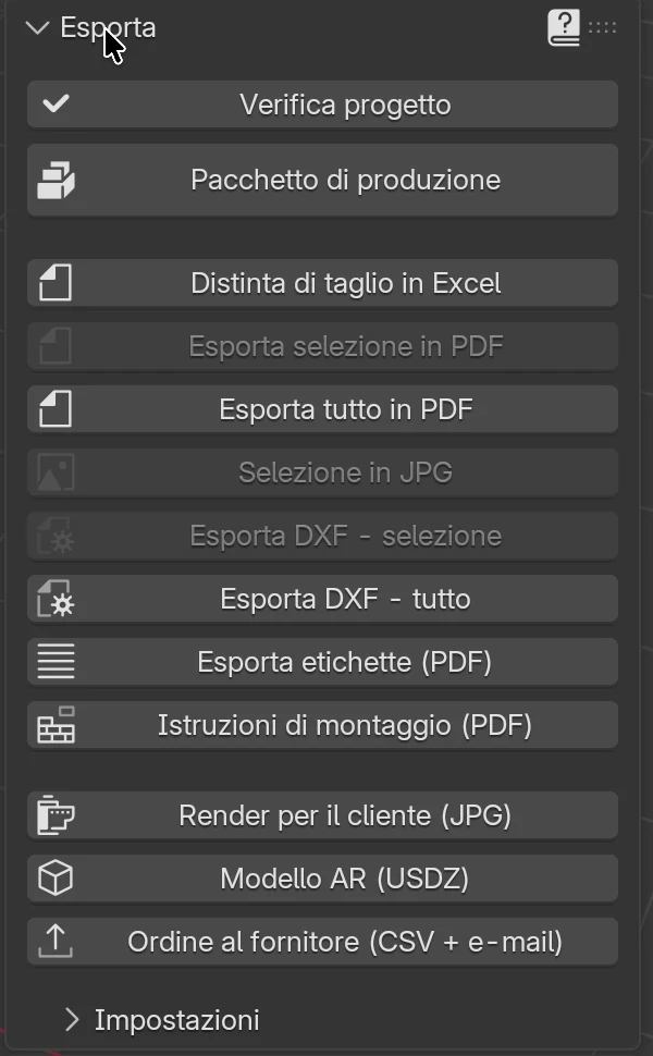 Il pannello Esporta nella scheda EFS: Verifica progetto, Pacchetto di produzione, Distinta di taglio in Excel, PDF, JPG, DXF, etichette, istruzioni di montaggio, render, modello AR, ordine al fornitore e il riquadro Impostazioni