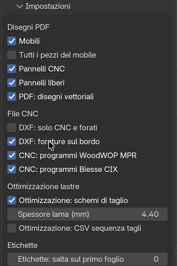 Il riquadro Impostazioni nel pannello Esporta: Disegni PDF, File CNC, Ottimizzazione lastre ed Etichette; qui sono attivi anche MPR e CIX
