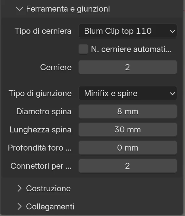 Il riquadro Ferramenta e giunzioni con Tipo di giunzione Minifix e spine: Diametro spina 8 mm, Lunghezza spina 30 mm, Profondità foro faccia 0 mm, Connettori per giunzione 2