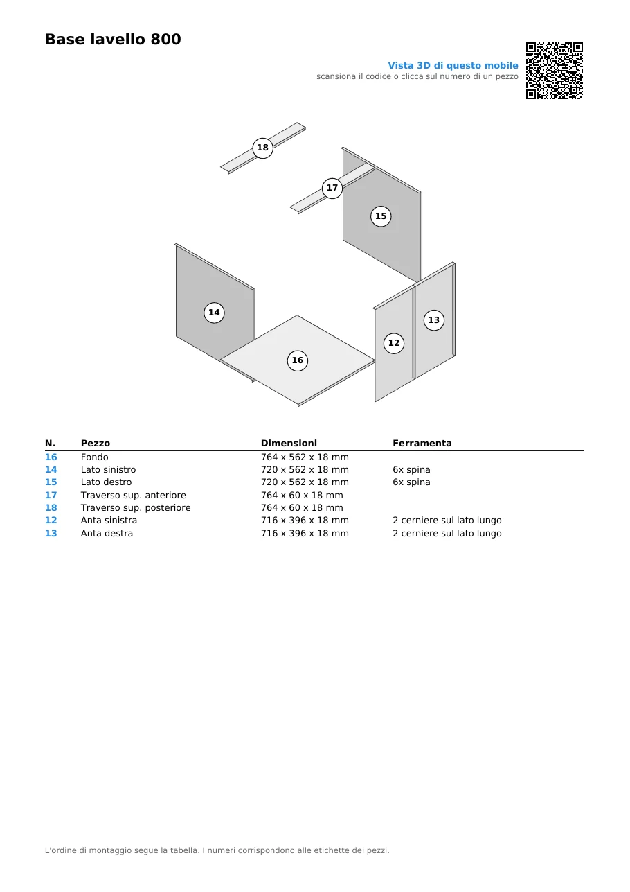 Una pagina delle istruzioni di montaggio per Base lavello 800: titolo, QR del mobile in alto a destra, esploso con i numeri da 12 a 18 nei cerchi e la tabella N., Pezzo, Dimensioni, Ferramenta