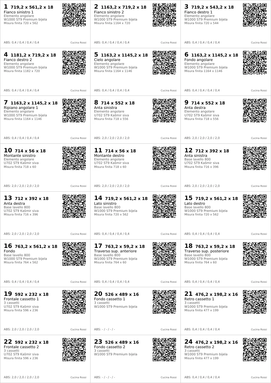 Il primo foglio di etichette: 24 etichette in 3 colonne e 8 righe, ognuna con numero, misura di taglio, nome del pannello e del mobile, materiale, bordatura e codice QR