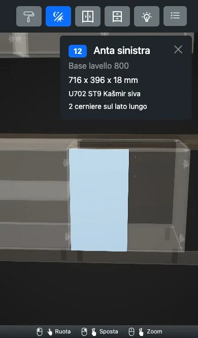 Il visualizzatore web sul telefono: l'anta sinistra della base lavello evidenziata in blu, gli altri mobili trasparenti, la scheda pezzo 12 Anta sinistra, Base lavello 800, 716 x 396 x 18 mm, U702 ST9 Kašmir siva, 2 cerniere sul lato lungo
