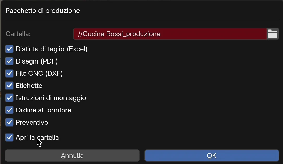La finestra Pacchetto di produzione: Cartella //Cucina Rossi_produzione, caselle Distinta di taglio (Excel), Disegni (PDF), File CNC (DXF), Etichette, Istruzioni di montaggio, Ordine al fornitore, Preventivo, Apri la cartella, pulsanti Annulla e OK