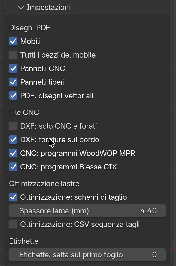 Il sottopannello Impostazioni con i gruppi Disegni PDF, File CNC, Ottimizzazione lastre ed Etichette