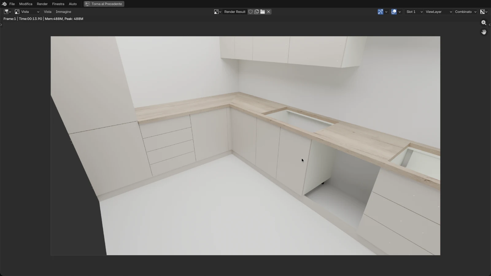 Render finito: una cucina con fusto bianco, frontali grigi e piano di lavoro in rovere, ripresa da un angolo della stanza con un obiettivo grandangolare
