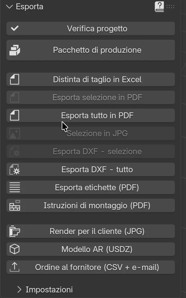 Il pannello Esporta con i pulsanti Verifica progetto e Pacchetto di produzione, le esportazioni Excel, PDF e DXF, le etichette, le istruzioni di montaggio, Render per il cliente (JPG), Modello AR (USDZ) e Ordine al fornitore; Render per il cliente è premuto