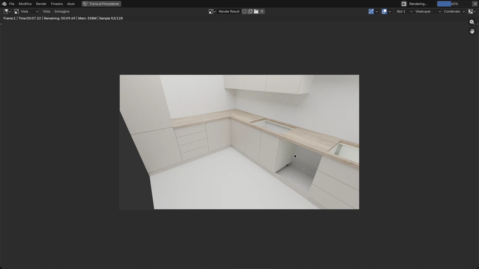 Render in corso: la cucina vista da un angolo della stanza è ancora granulosa, sopra l'immagine c'è scritto Sample 56/128 e la barra di avanzamento in alto a destra mostra Rendering... 43 %