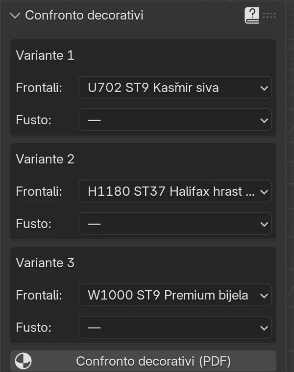 Il pannello Confronto decorativi: Variante 1 frontali U702, Variante 2 frontali H1180, Variante 3 frontali W1000, fusto ovunque un trattino, sotto il pulsante Confronto decorativi (PDF)