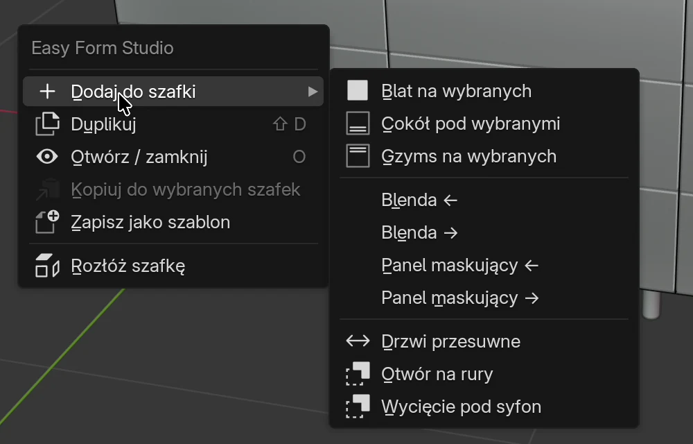 Menu prawego przycisku myszy na szafce z otwartym podmenu Dodaj do szafki