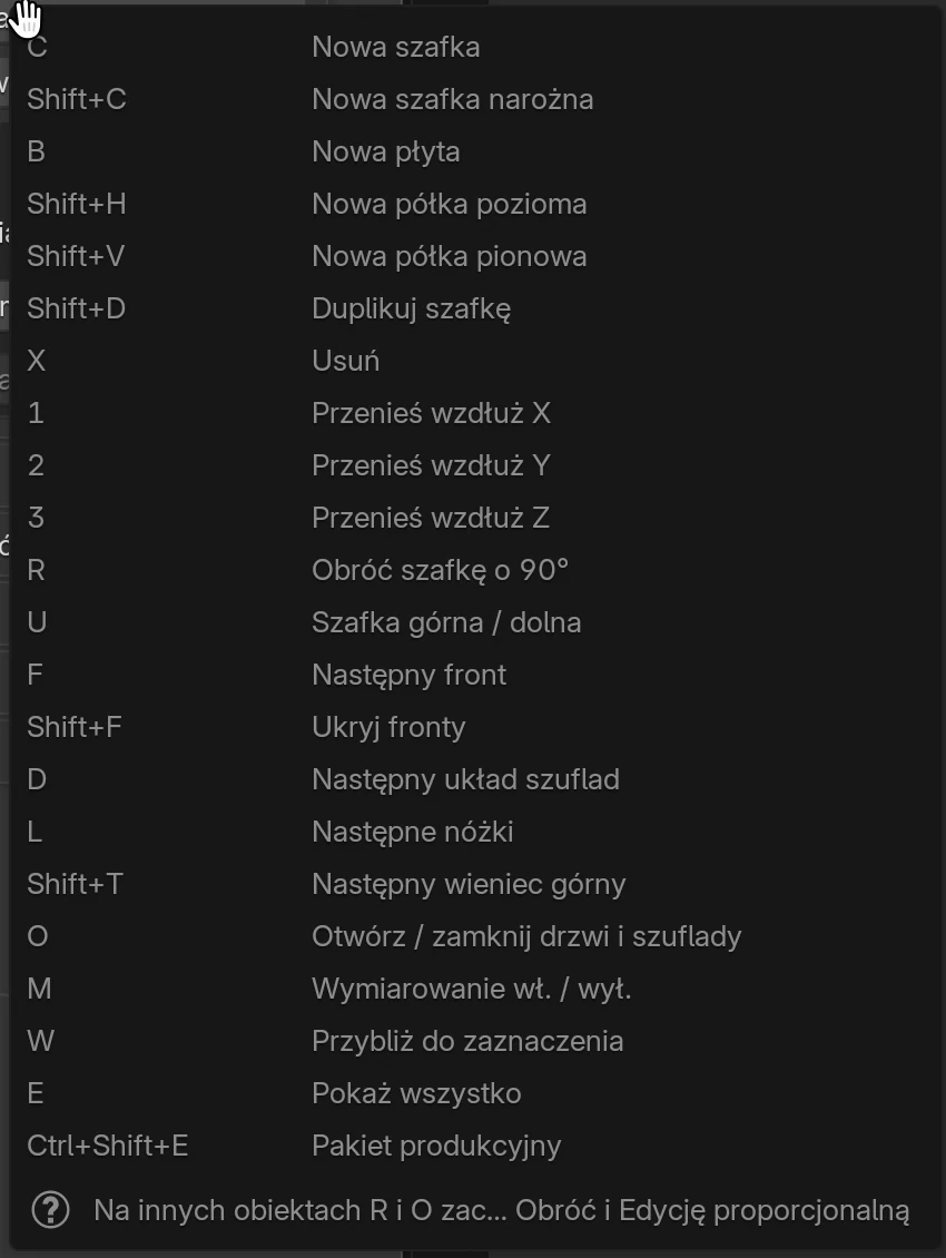 Lista klawiszy Easy Form Studio, otwarta przyciskiem Klawisze