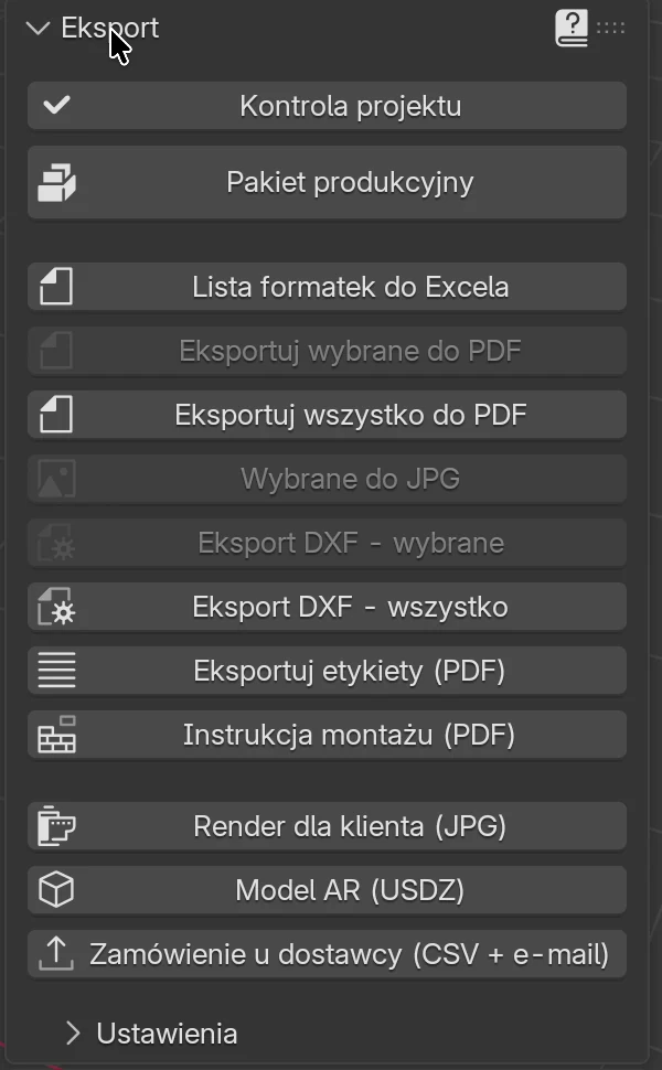 Panel Eksport na karcie EFS: Kontrola projektu, Pakiet produkcyjny, Lista formatek do Excela, PDF, JPG, DXF, etykiety, instrukcja montażu, render, model AR, zamówienie u dostawcy i sekcja Ustawienia
