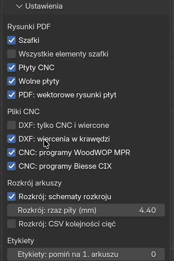 Sekcja Ustawienia w panelu Eksport: Rysunki PDF, Pliki CNC, Rozkrój arkuszy i Etykiety; tutaj włączone są również MPR i CIX