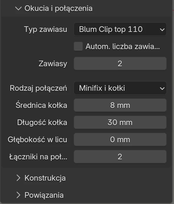 Sekcja Okucia i połączenia z Rodzaj połączeń Minifix i kołki: Średnica kołka 8 mm, Długość kołka 30 mm, Głębokość w licu 0 mm, Łączniki na połączenie 2