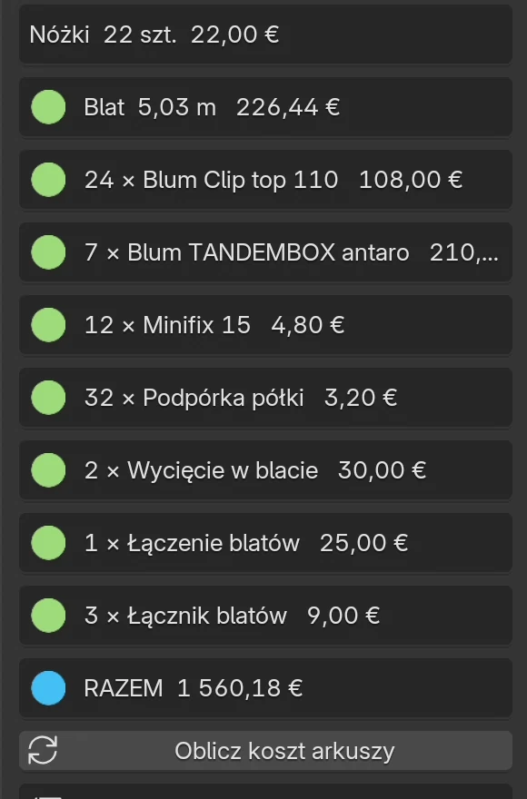 Kosztorys: wiersze Otwory 24 szt., Nóżki 22 szt., 24 × Blum Clip top 110, 7 × Blum TANDEMBOX antaro, 12 × Minifix 15, 32 × Podpórka półki, blat i RAZEM