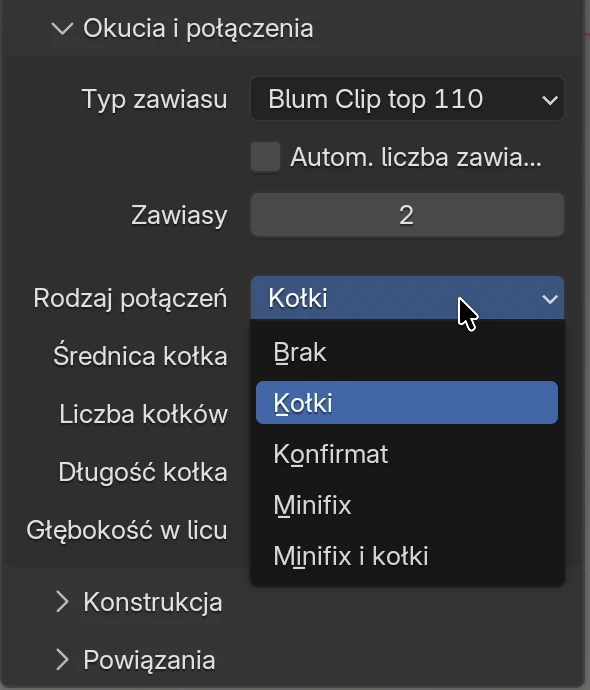Sekcja Okucia i połączenia z otwartym menu Rodzaj połączeń: Brak, Kołki, Konfirmat, Minifix, Minifix i kołki; pod spodem pola Średnica kołka, Liczba kołków, Długość kołka i Głębokość w licu