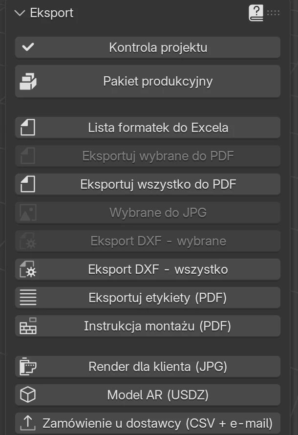 Panel Eksport: Kontrola projektu, Pakiet produkcyjny, Lista formatek do Excela, eksporty PDF i DXF, Eksportuj etykiety (PDF), Instrukcja montażu (PDF), Render dla klienta (JPG), Model AR (USDZ) i Zamówienie u dostawcy
