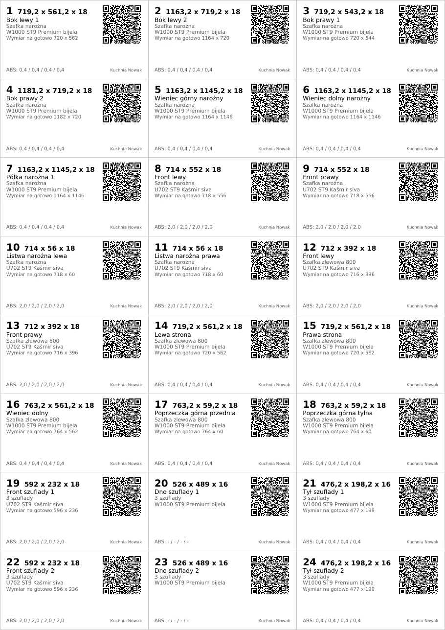 Pierwszy arkusz etykiet: 24 etykiety w 3 kolumnach i 8 rzędach, każda z numerem, wymiarem cięcia, nazwą płyty i szafki, materiałem, obrzeżem i kodem QR