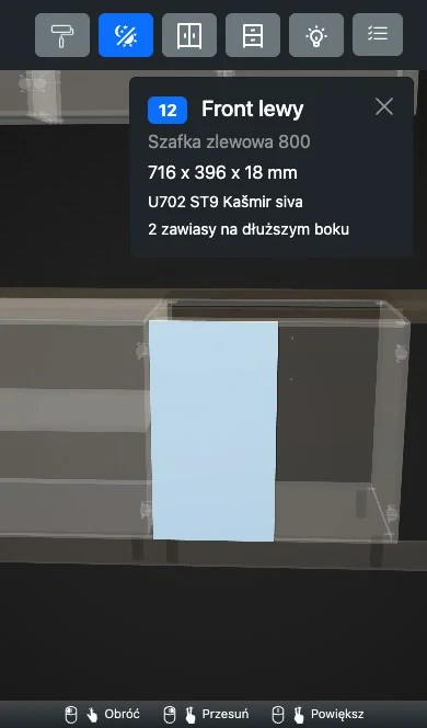 Podgląd online na telefonie: lewe drzwi szafki zlewowej wyróżnione na niebiesko, pozostałe szafki przezroczyste, karta elementu 12 Front lewy, Szafka zlewowa 800, 716 x 396 x 18 mm, U702 ST9 Kašmir siva, 2 zawiasy na dłuższym boku