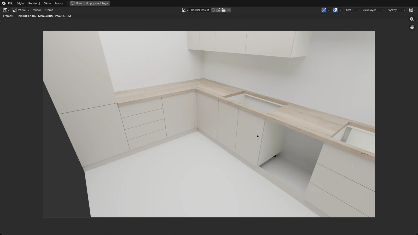 Gotowy render: kuchnia z białym korpusem, szarymi frontami i dębowym blatem, sfotografowana z narożnika pomieszczenia obiektywem szerokokątnym
