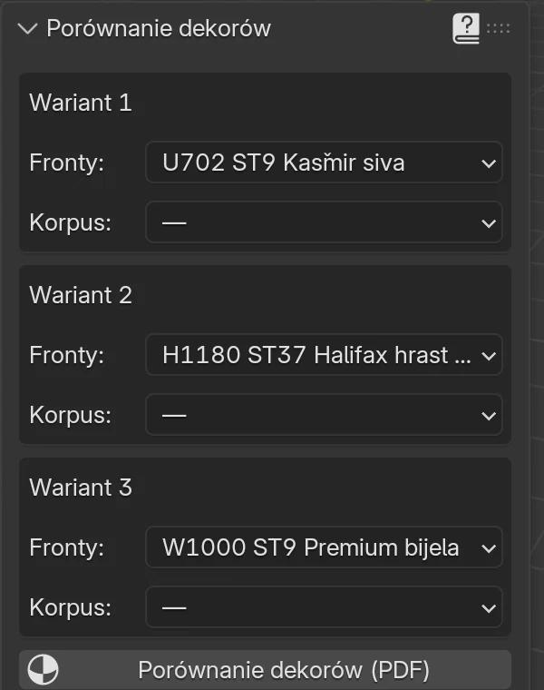 Panel Porównanie dekorów: Wariant 1 fronty U702, Wariant 2 fronty H1180, Wariant 3 fronty W1000, korpus wszędzie z kreską, pod spodem przycisk Porównanie dekorów (PDF)
